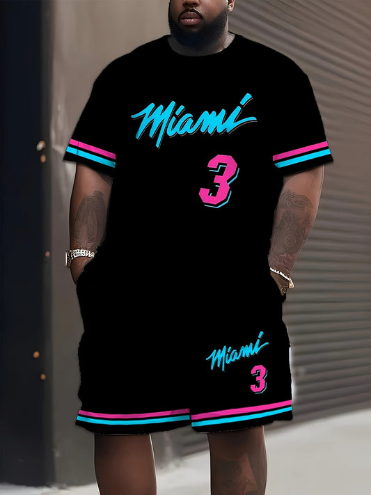 Men's Plus Size Miami 3D Digital Print Sportswear Set - Casual Black T-Shirt & Shorts with Colorful Accents, Polyester Blend, Machine Washable, PLUS SIZE