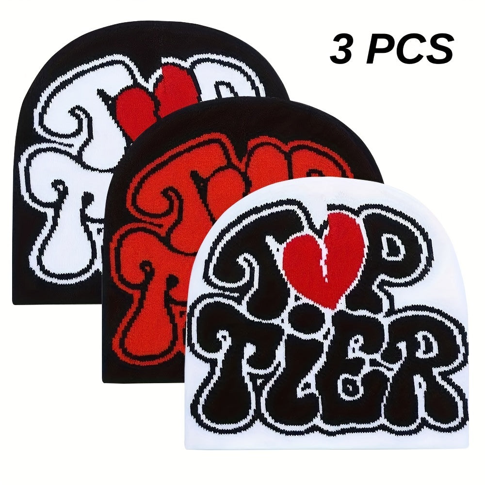 3pcs 'TOP TIER' Hip Hop Beanie - Y2K Fashion Knit Hat, Stretchy & Lightweight for Halloween, Warm Outdoor Cap