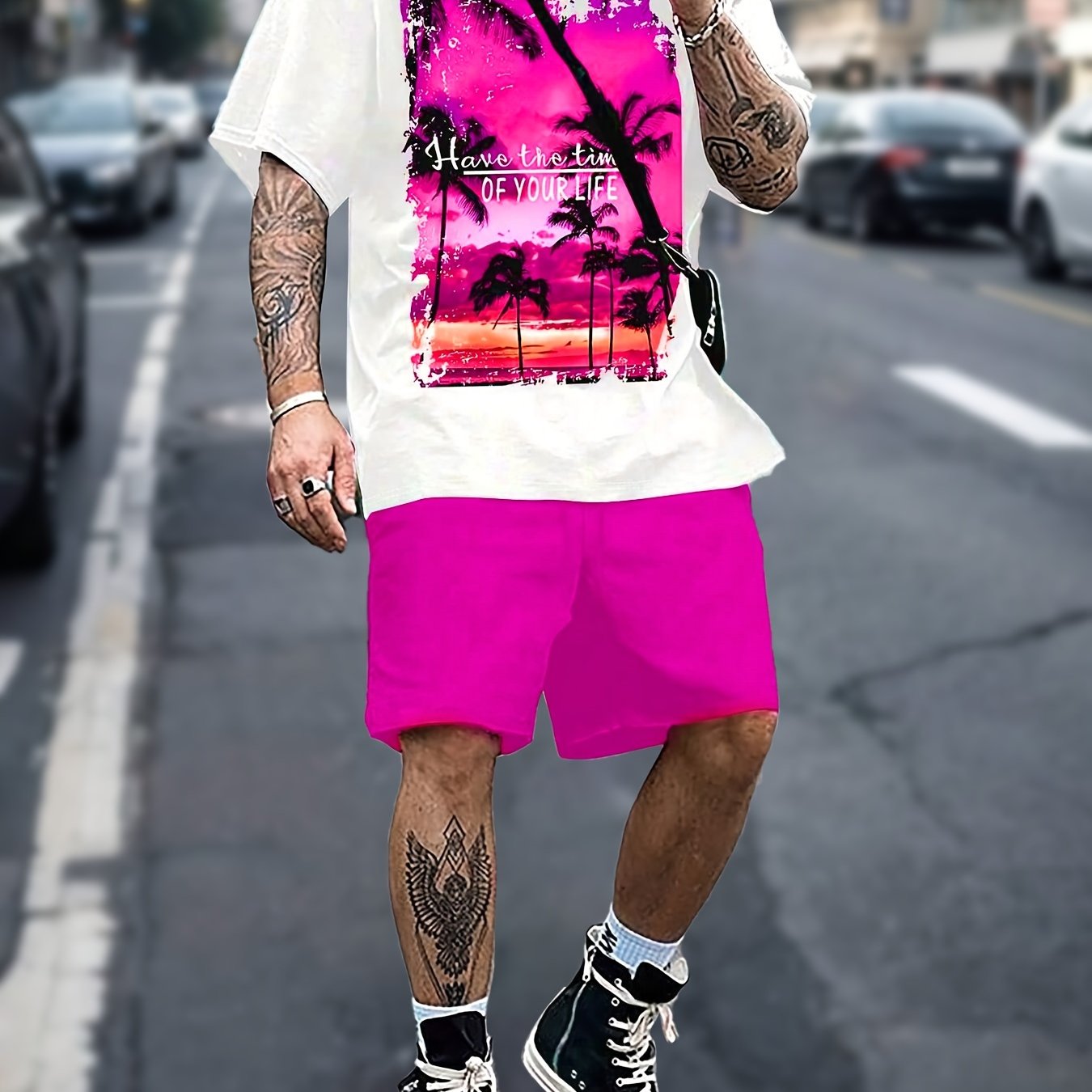 2pcs Comfortable Men's Casual Round Neck Short Sleeve Tee & Drawstring Shorts Set: Tropical Coconut Tree Print - Perfect for Summer, Beach Vacations & Home Wear