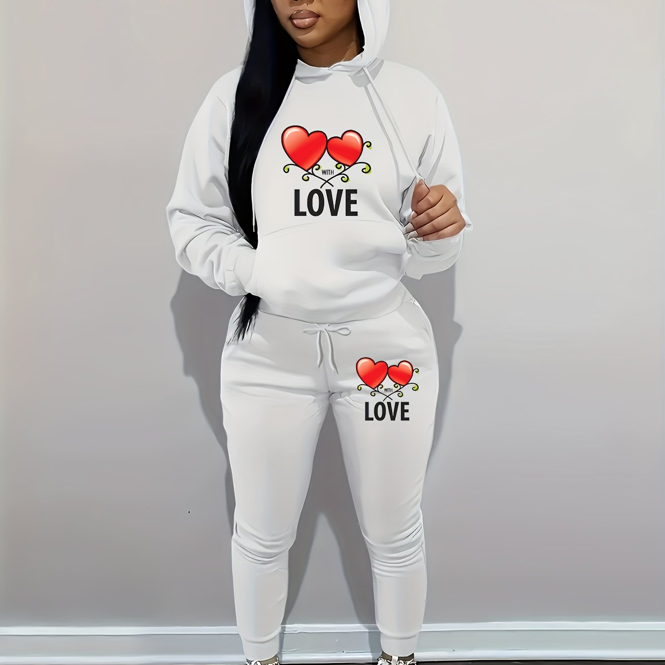 Women's Casual Pink Knit Two-Piece Set with Love Heart Print - Long Sleeve Hooded Top & Tie-Waist Pants, Polyester Blend, Perfect for Valentine's Day, Comfortable Clothing|Matching Set|Knit Polyester