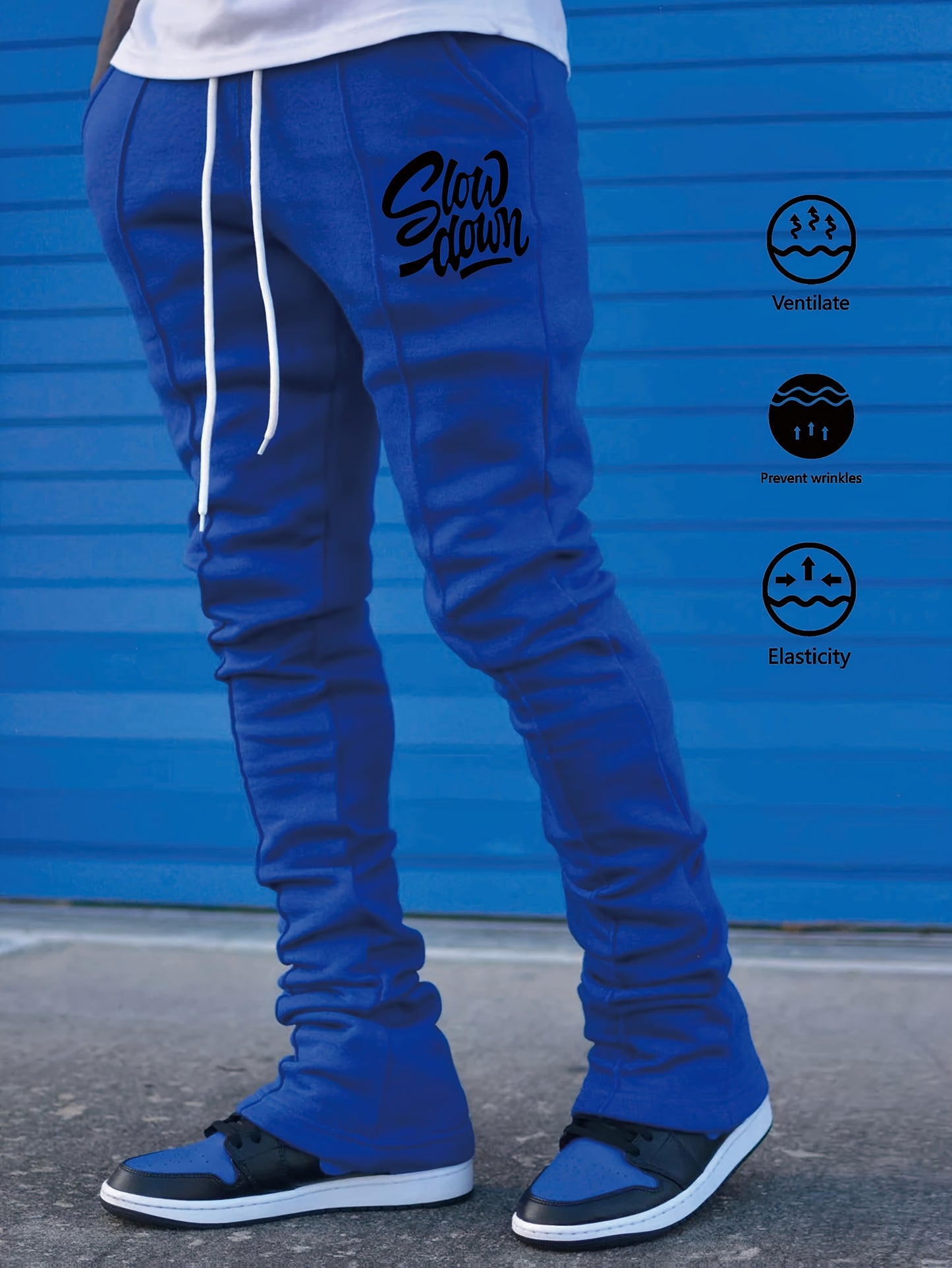 Men'S Casual Jogger Pants, Polyester 100% Knit Fabric, Slight Stretch, Regular Fit, Spring/Fall Season, 220g/m², Alphabet Pattern, Drawstring Detail, Regular Length - Trendy Hip Hop Rock Style