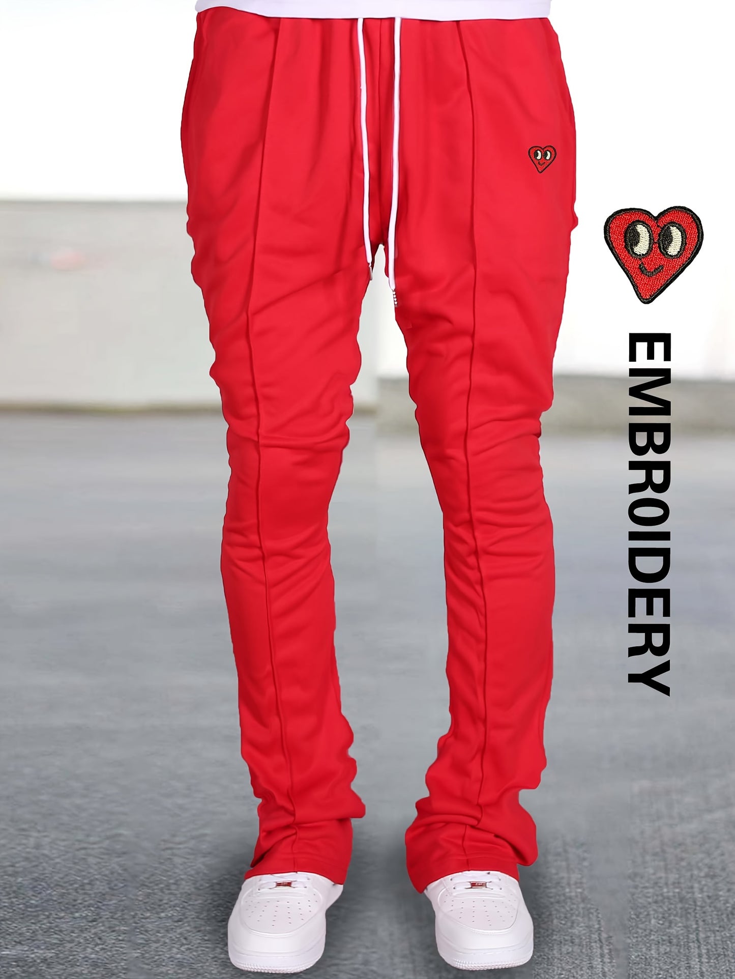 Men's Embroidered Heart Series Casual Flare Pants - Lightweight, Breathable Polyester, Drawstring Waist with Pockets, All-Season Wear, Style