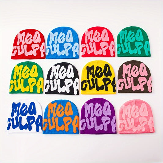 "MEA Culpa" Graphic Beanie - Trendy Y2K Style Knit Skull Cap in Vibrant Colors, Soft & Stretchy Acrylic for Ultimate Comfort, Warm & Cozy for Winter - Gray, Blue, and More