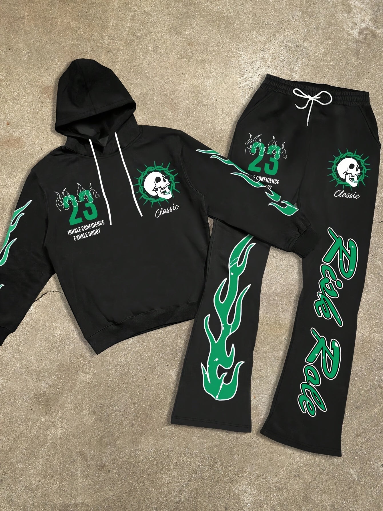 Men's Flame Graphic Hoodie & Sweatpants Set - "FIRE" 23 Print, Casual Streetwear, Polyester Blend, Machine Washable, 2pcs Tracksuit for Autumn/Winter, Essential Hoodie