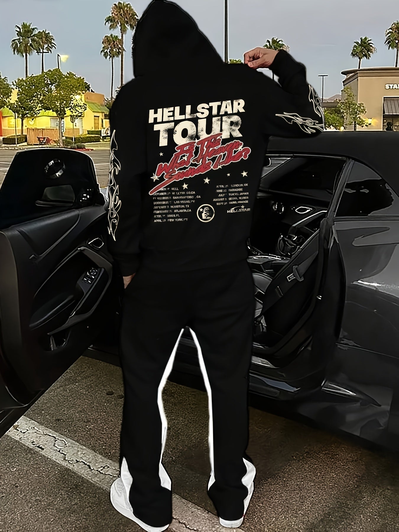 Autumn and Winter Men's Loose Casual Long Sleeve Hoodie with Flame Print and Letter Sweatshirt with Trousers, Men's Daily Wear