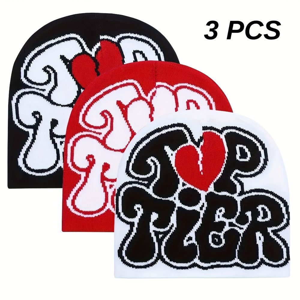 3pcs 'TOP TIER' Hip Hop Beanie - Y2K Fashion Knit Hat, Stretchy & Lightweight for Halloween, Warm Outdoor Cap