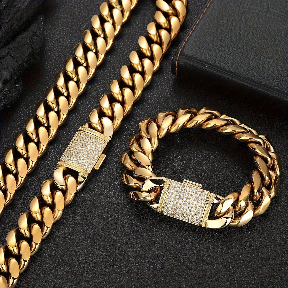 12mm Wide Men's Necklace and Bracelet Set - Zircon Inlays