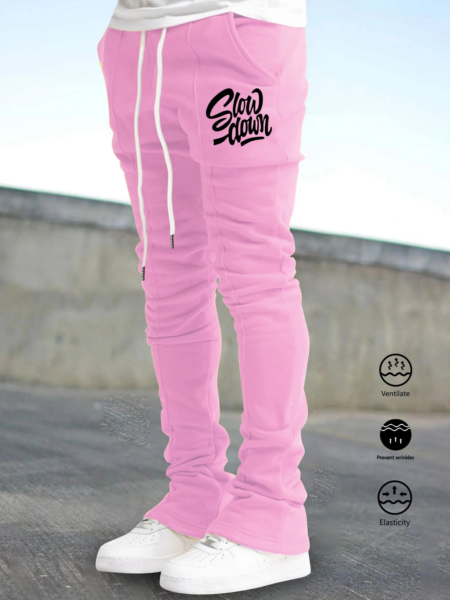 Men'S Casual Jogger Pants, Polyester 100% Knit Fabric, Slight Stretch, Regular Fit, Spring/Fall Season, 220g/m², Alphabet Pattern, Drawstring Detail, Regular Length - Trendy Hip Hop Rock Style