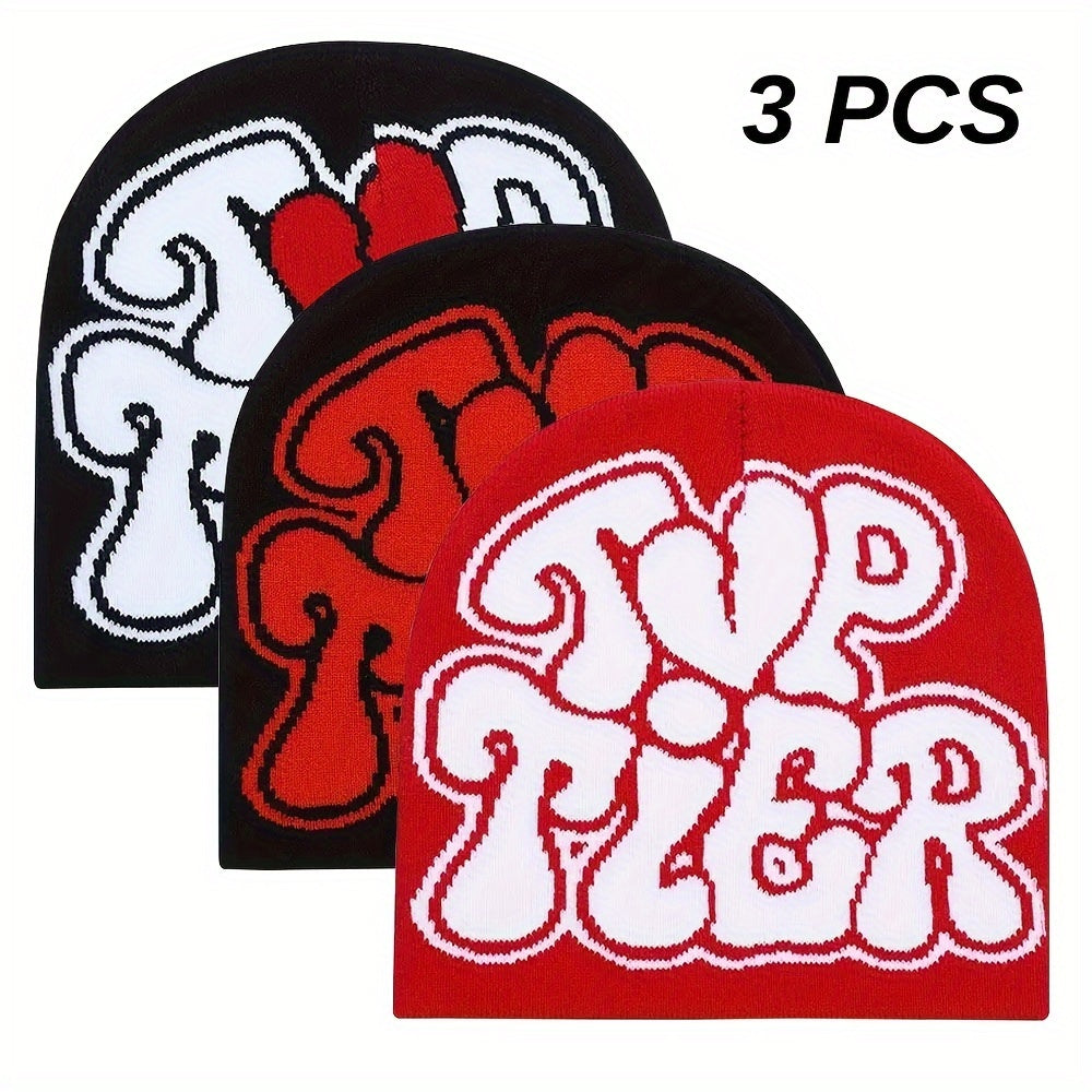 3pcs 'TOP TIER' Hip Hop Beanie - Y2K Fashion Knit Hat, Stretchy & Lightweight for Halloween, Warm Outdoor Cap