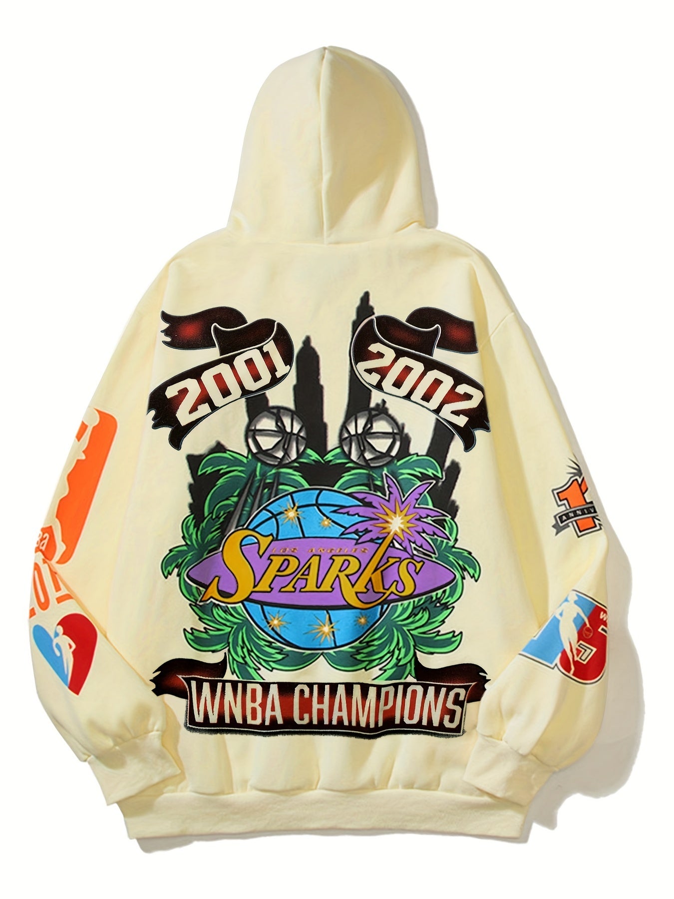 Women's Y2K-Inspired Hoodie in Cream with Vibrant NBA World Champs Graphic - Stretchy Polyester Blend, Machine Washable, Hooded, Non-Transparent, All-Season Wear