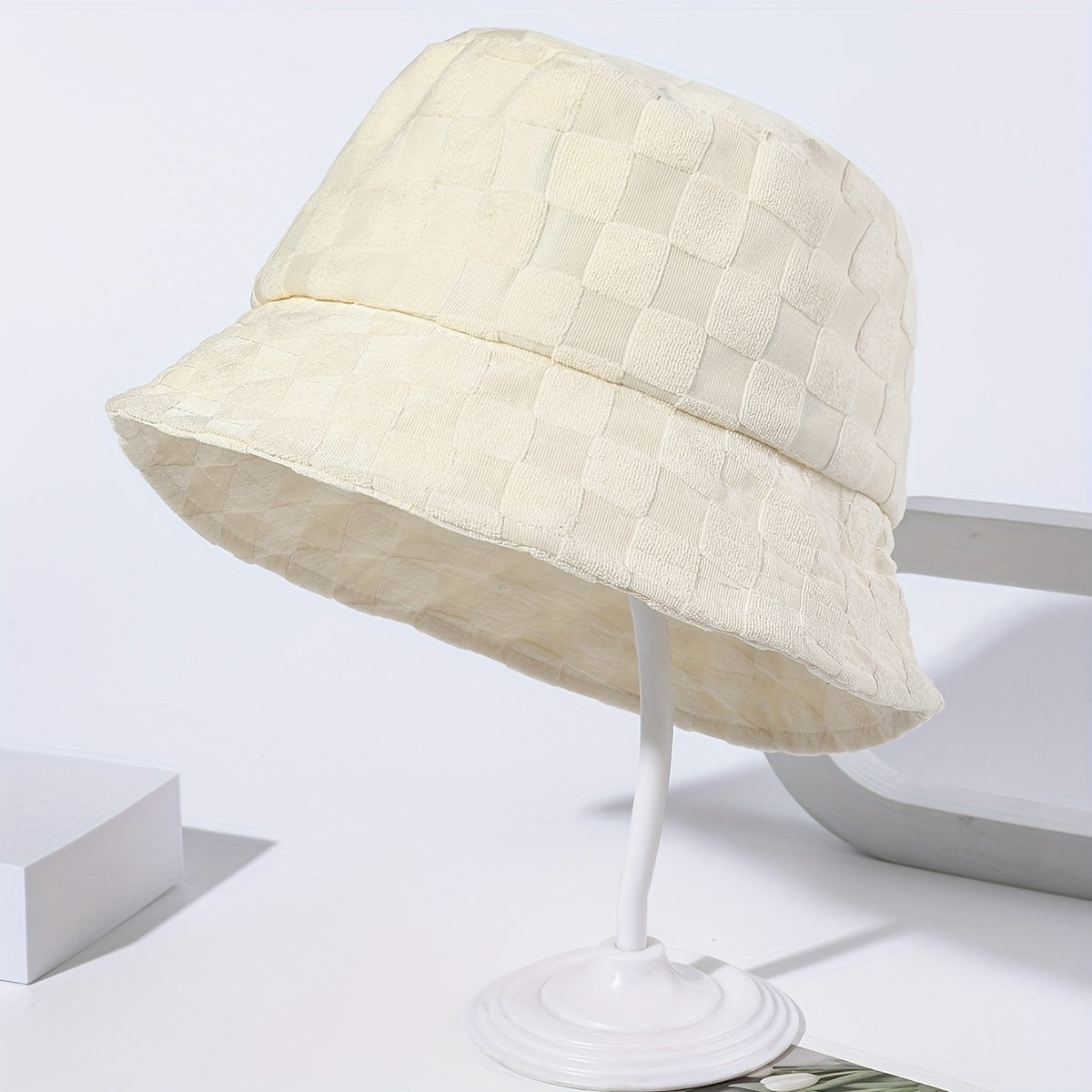 Plaid Embossed Bucket Hat Solid Color Trendy Casual Basin Hat Unisex Couple Fisherman Cap For Women Men