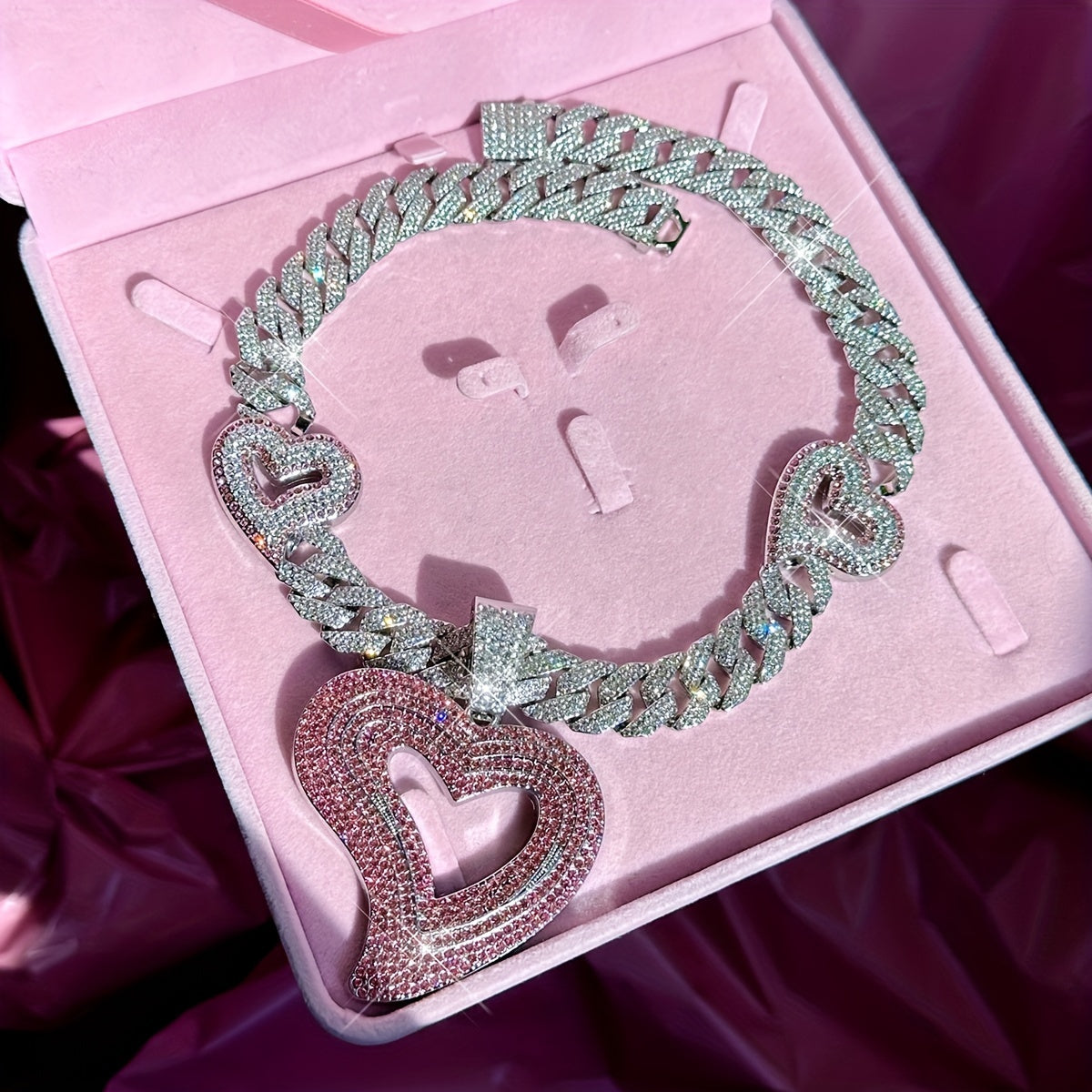 ICESOME Hip Hop Y2K Heart Pendant Necklace, Synthetic Rhinestone-Encrusted, Zinc Alloy Cuban Link Chain, Party & Music Festival Jewelry, Valentine's Day Gift for Men and Women