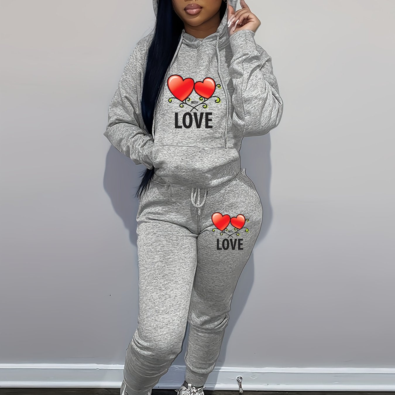 Women's Casual Pink Knit Two-Piece Set with Love Heart Print - Long Sleeve Hooded Top & Tie-Waist Pants, Polyester Blend, Perfect for Valentine's Day, Comfortable Clothing|Matching Set|Knit Polyester