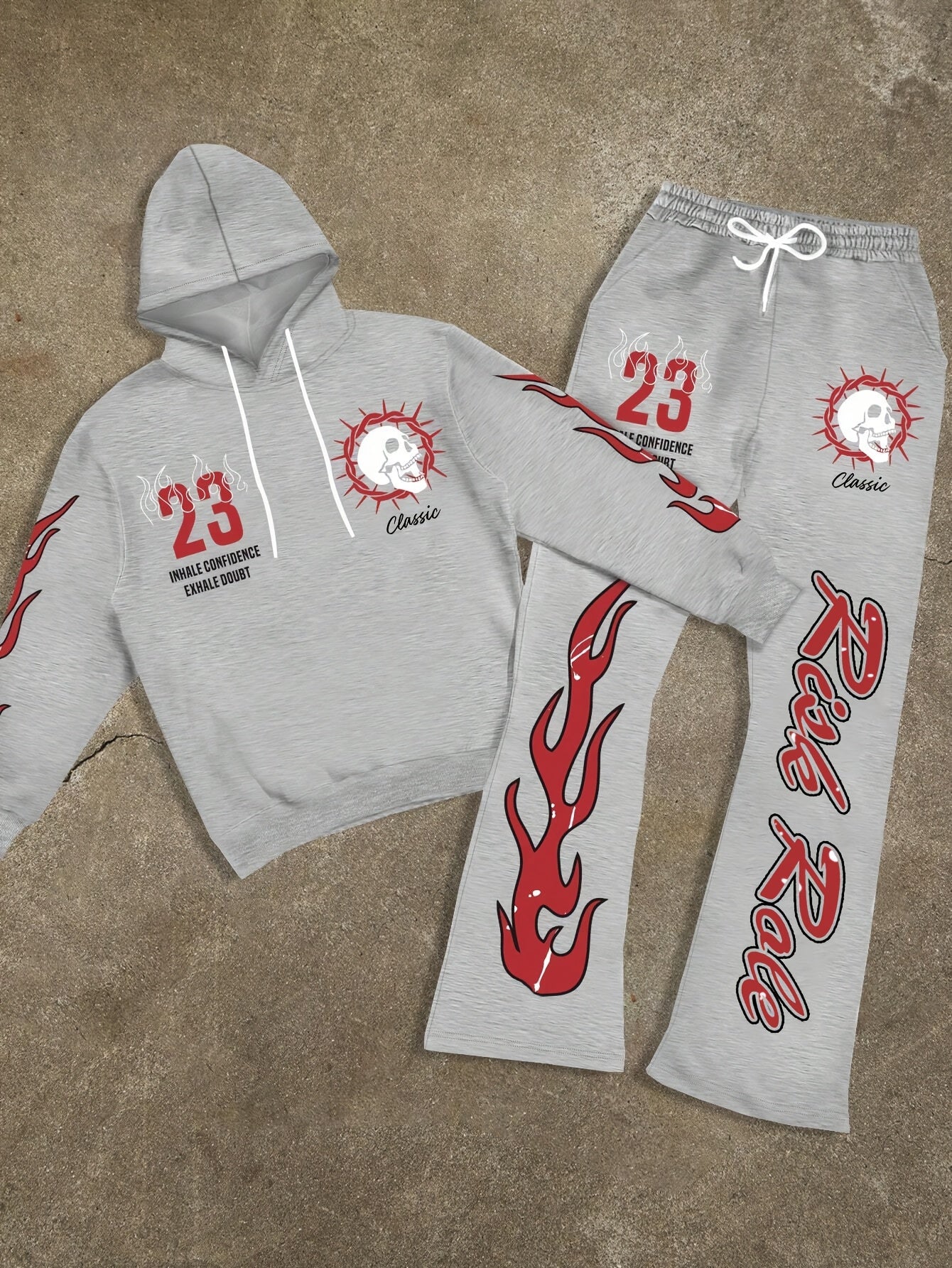 Men's Flame Graphic Hoodie & Sweatpants Set - "FIRE" 23 Print, Casual Streetwear, Polyester Blend, Machine Washable, 2pcs Tracksuit for Autumn/Winter, Essential Hoodie