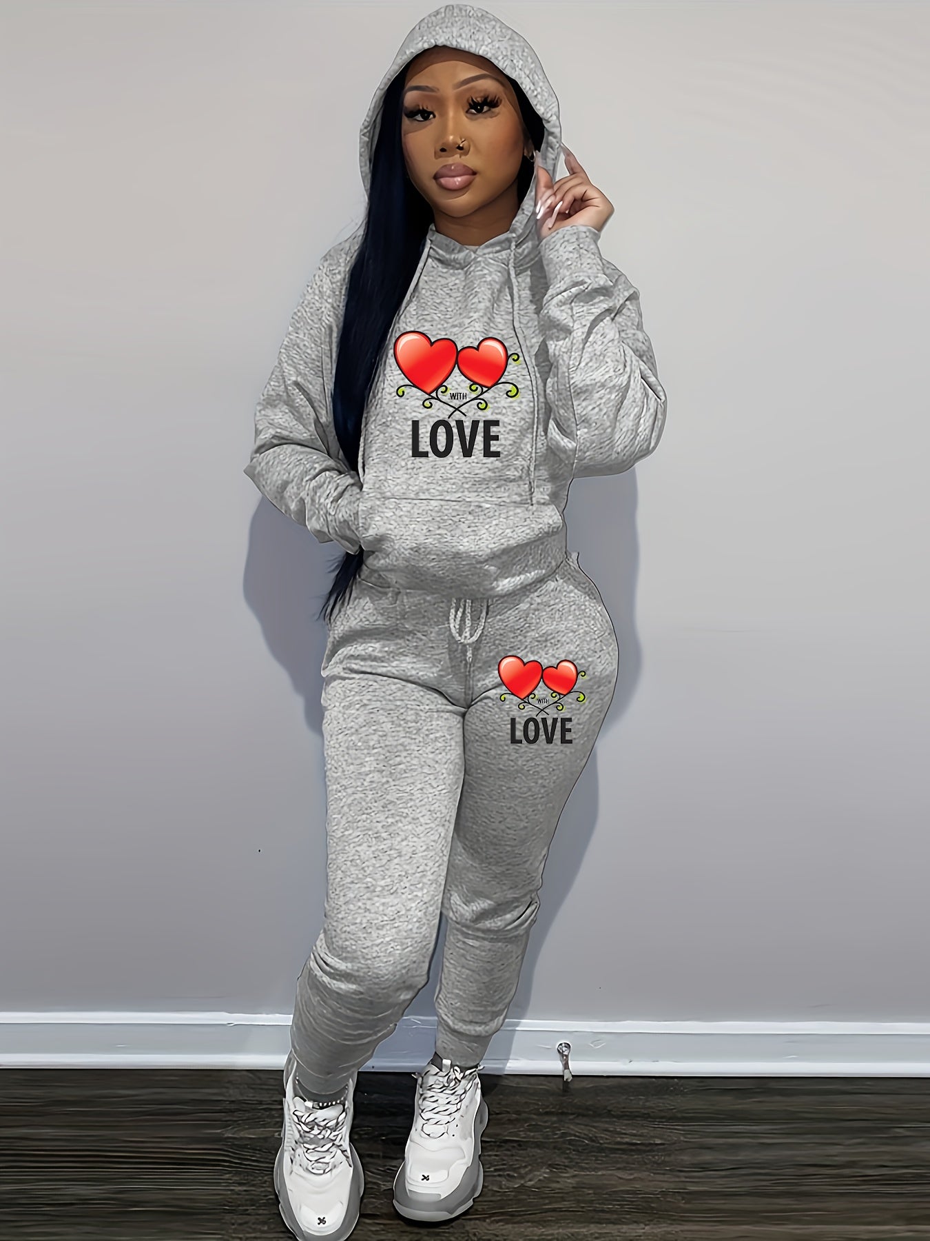 Women's Casual Pink Knit Two-Piece Set with Love Heart Print - Long Sleeve Hooded Top & Tie-Waist Pants, Polyester Blend, Perfect for Valentine's Day, Comfortable Clothing|Matching Set|Knit Polyester