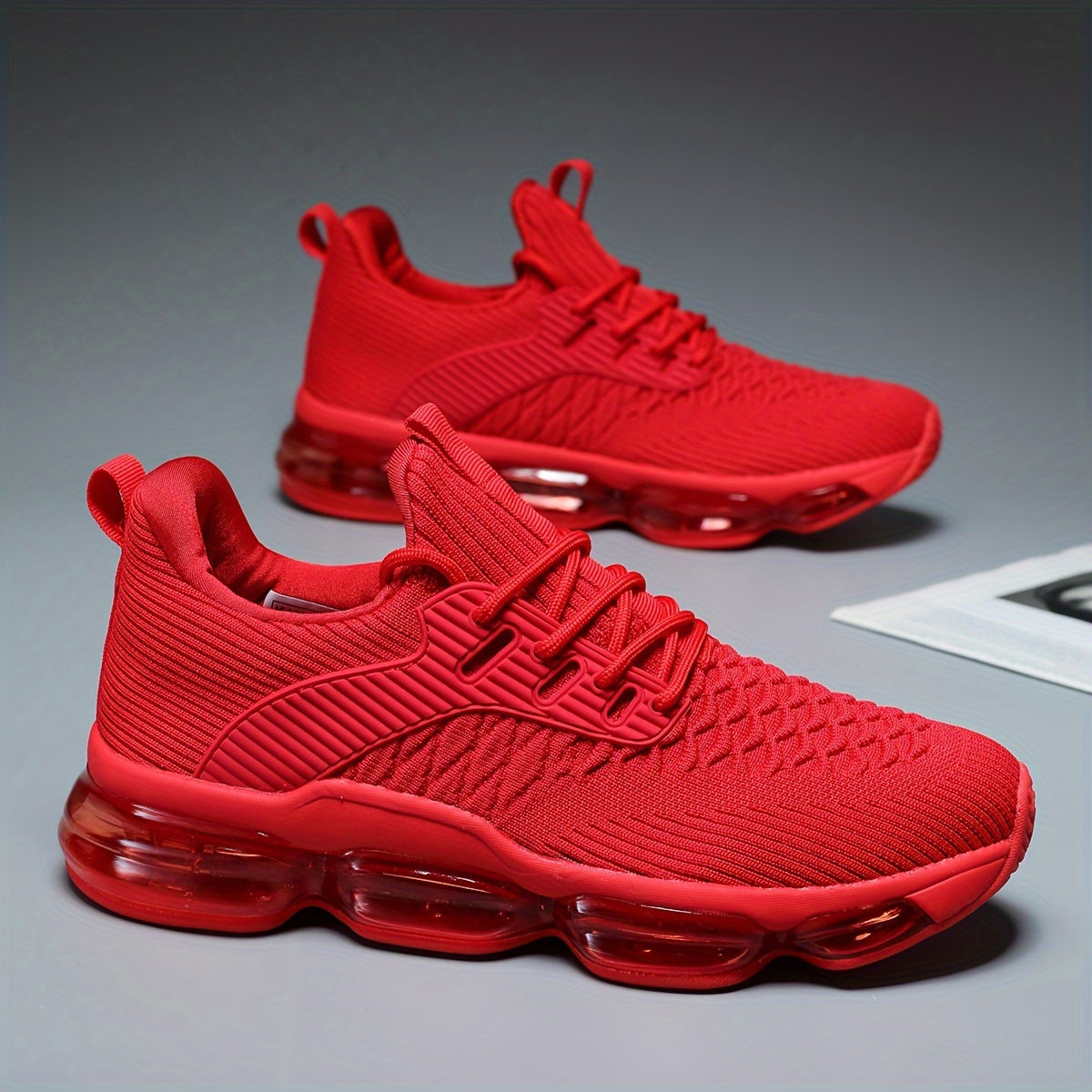 Men's Trendy Solid Colour Woven Knit Breathable Sneakers With Air Cushion, Comfy Non Slip Durable Shoes For Men's Outdoor Activities