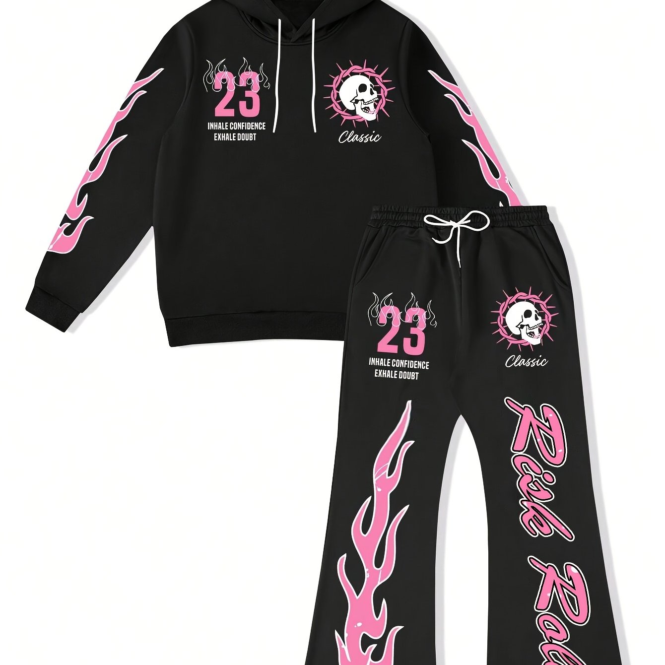 Men's Flame Graphic Hoodie & Sweatpants Set - "FIRE" 23 Print, Casual Streetwear, Polyester Blend, Machine Washable, 2pcs Tracksuit for Autumn/Winter, Essential Hoodie