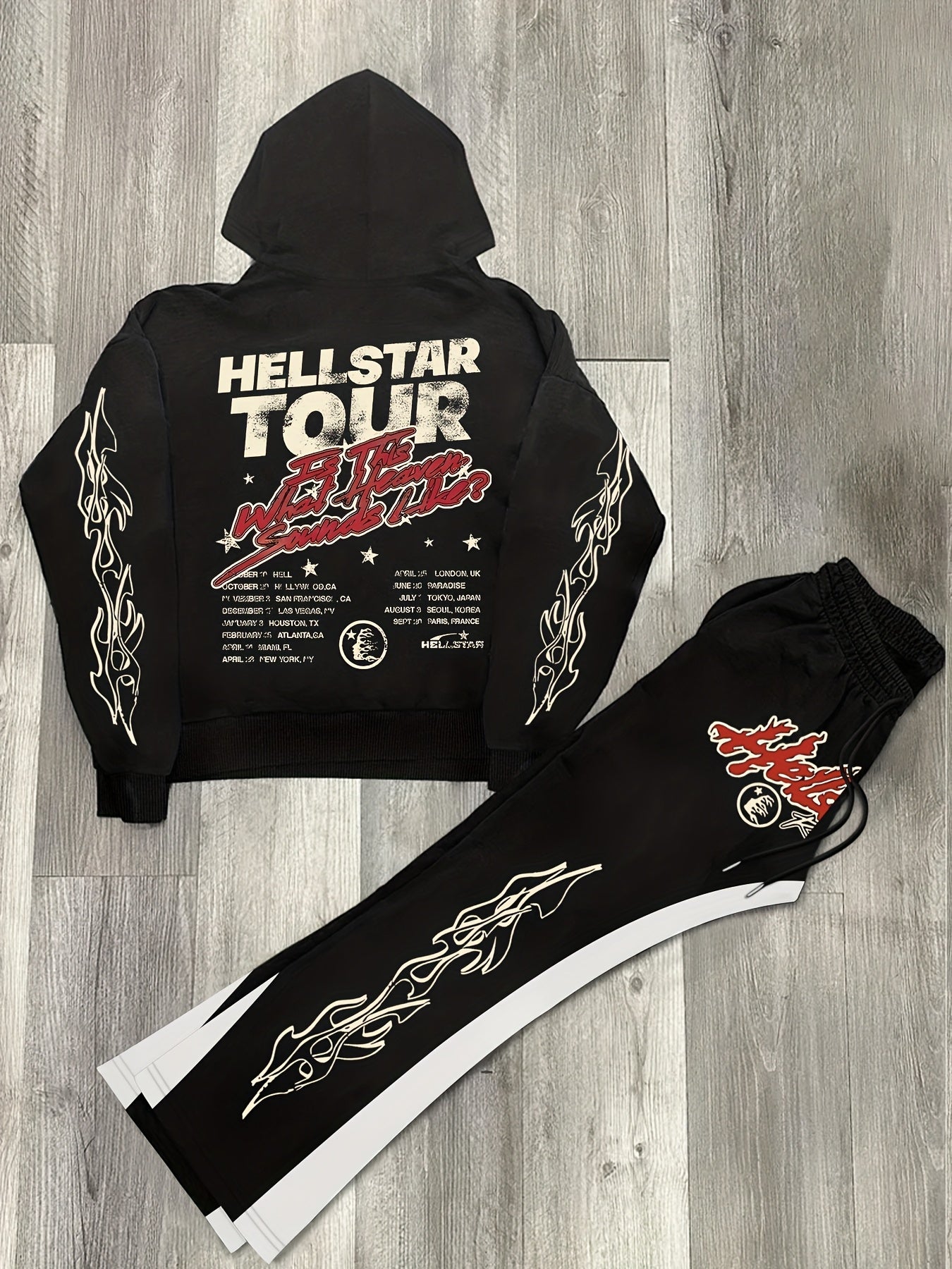 Autumn and Winter Men's Loose Casual Long Sleeve Hoodie with Flame Print and Letter Sweatshirt with Trousers, Men's Daily Wear