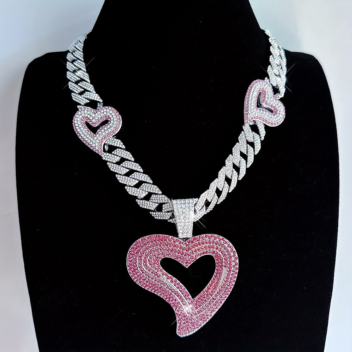 ICESOME Hip Hop Y2K Heart Pendant Necklace, Synthetic Rhinestone-Encrusted, Zinc Alloy Cuban Link Chain, Party & Music Festival Jewelry, Valentine's Day Gift for Men and Women