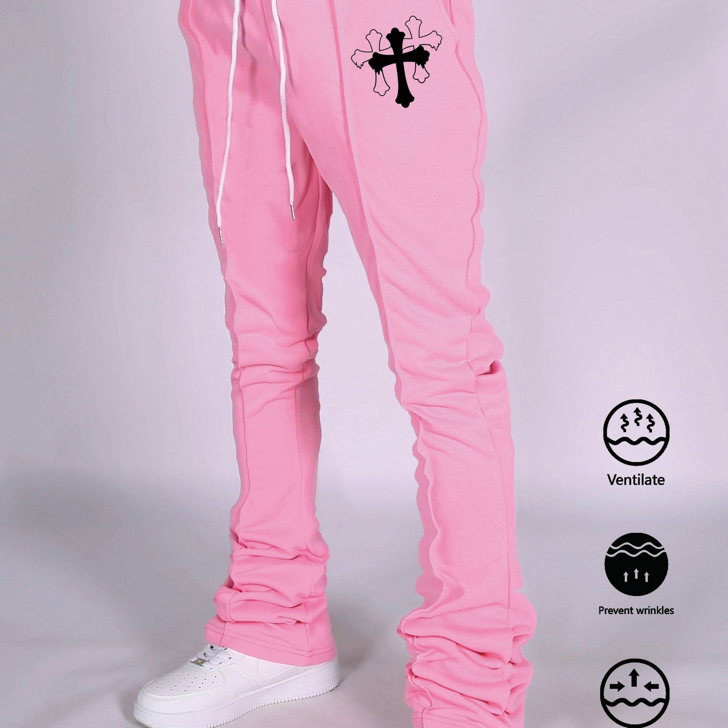 Men's Casual Drawstring Joggers with Cross Pattern - 100% Polyester, Slight Stretch Knit Fabric, Elastic Waist, Spring/Fall Season, Anti-Wrinkle, Breathable, Regular Fit Pants