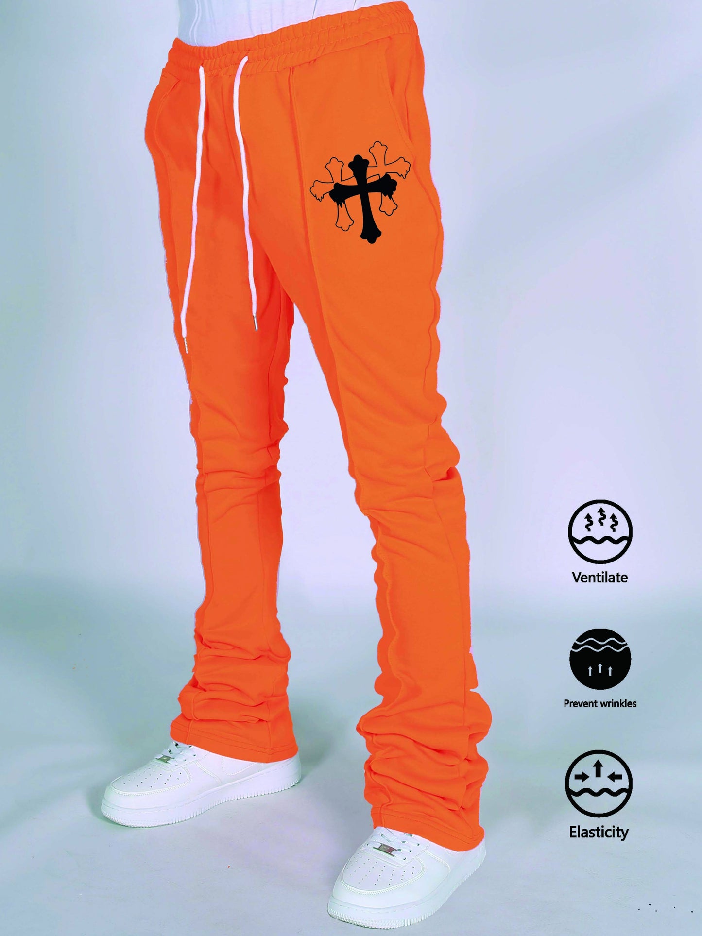 Men's Casual Drawstring Joggers with Cross Pattern - 100% Polyester, Slight Stretch Knit Fabric, Elastic Waist, Spring/Fall Season, Anti-Wrinkle, Breathable, Regular Fit Pants