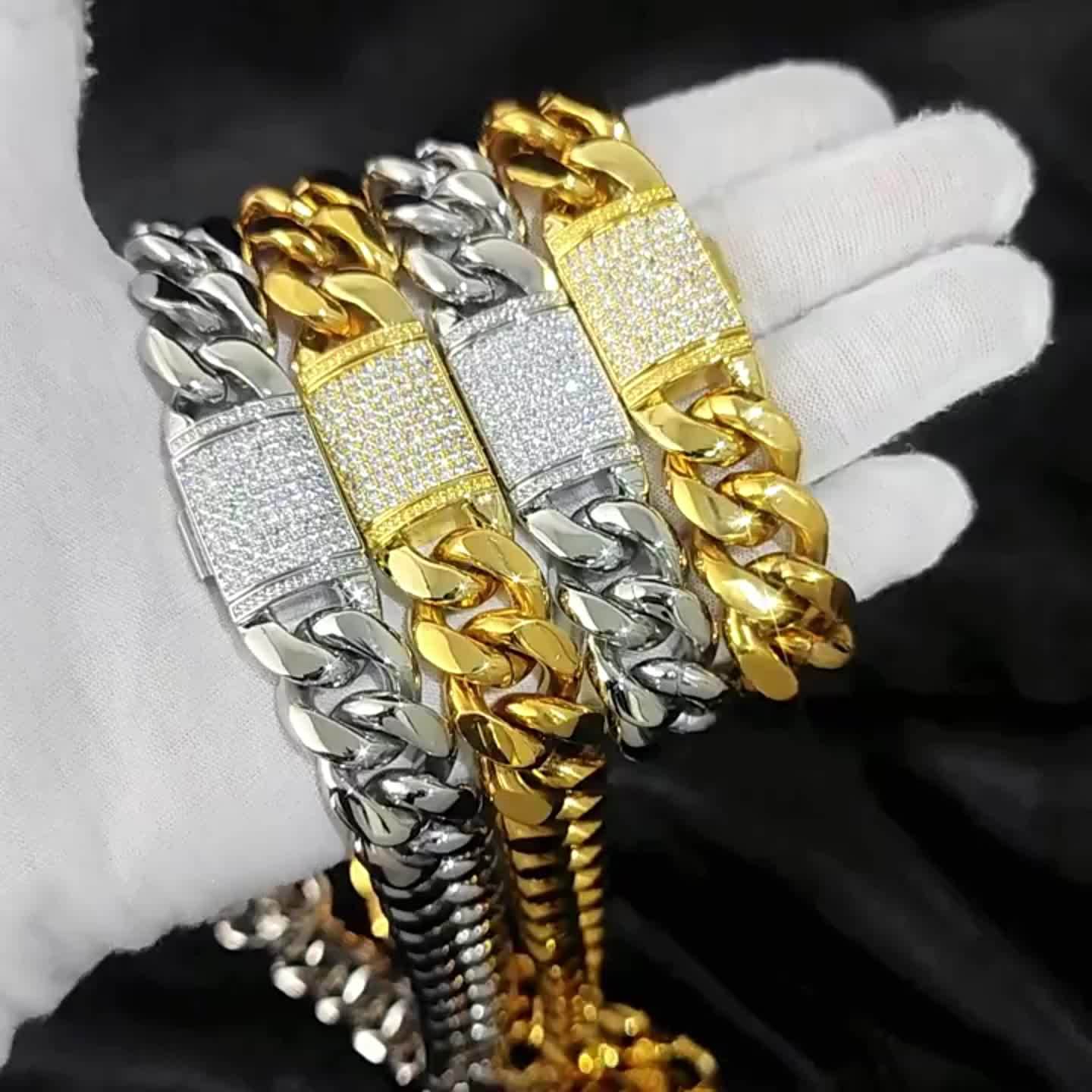 12mm Wide Men's Necklace and Bracelet Set - Zircon Inlays