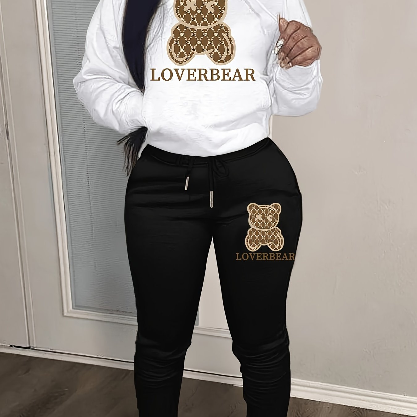 Bear Print Hoodie Two-piece Set, Casual Drop Shoulder Long Sleeve Kangaroo Pocket Drawstring Hoodies Sweatshirt & Drawstring Waist Slant Pockets Cuffed Pants Outfits, Women's Clothing