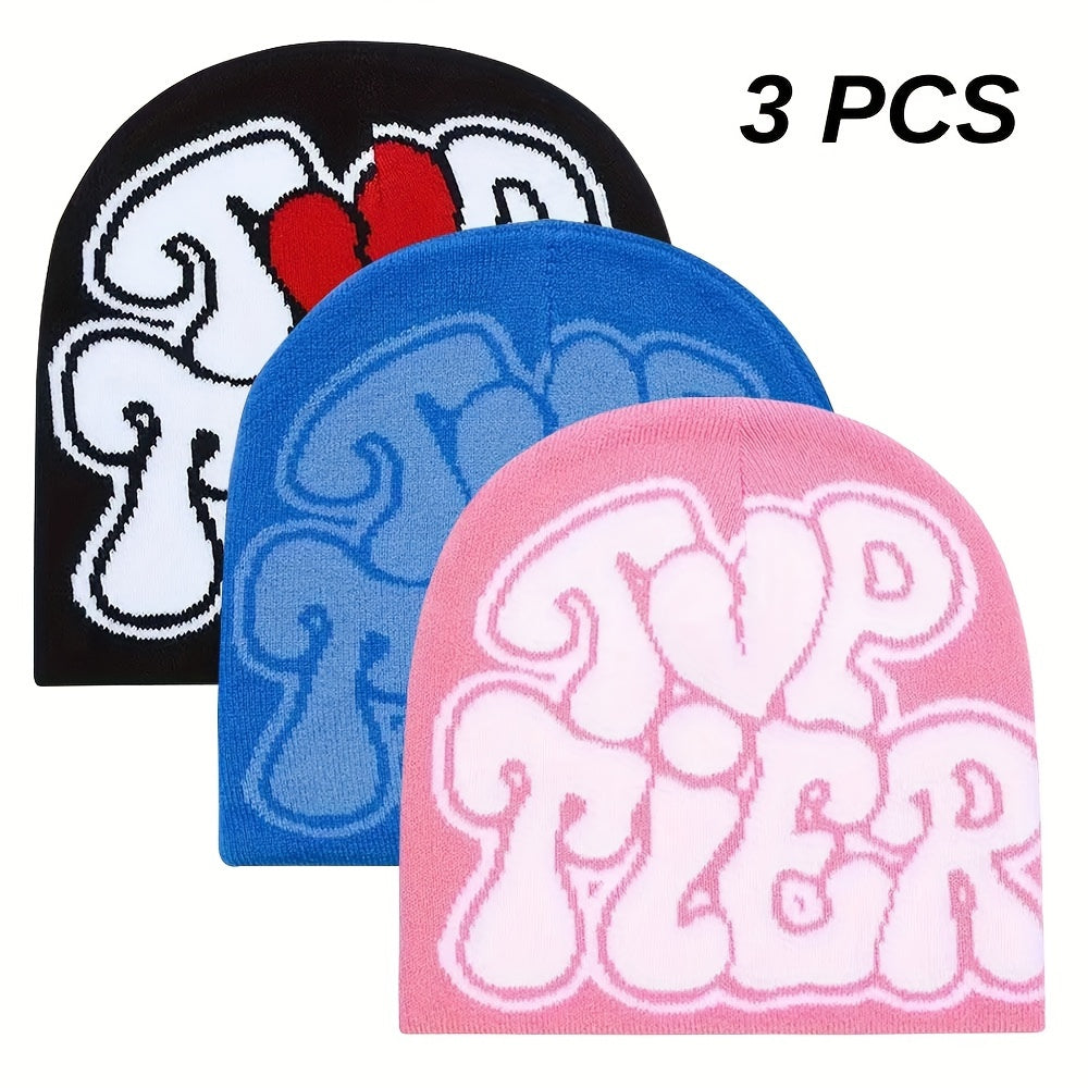 3pcs 'TOP TIER' Hip Hop Beanie - Y2K Fashion Knit Hat, Stretchy & Lightweight for Halloween, Warm Outdoor Cap