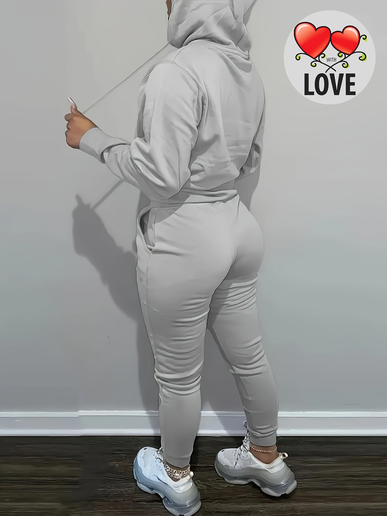 Women's Casual Pink Knit Two-Piece Set with Love Heart Print - Long Sleeve Hooded Top & Tie-Waist Pants, Polyester Blend, Perfect for Valentine's Day, Comfortable Clothing|Matching Set|Knit Polyester