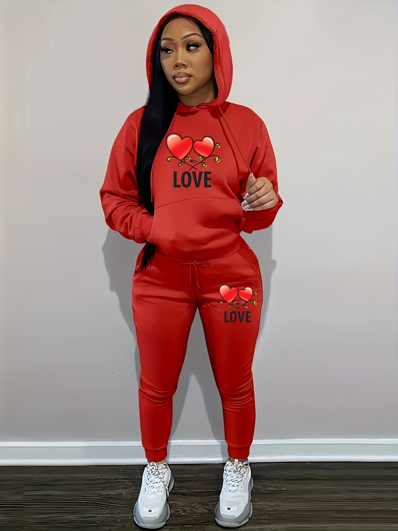 Women's Casual Pink Knit Two-Piece Set with Love Heart Print - Long Sleeve Hooded Top & Tie-Waist Pants, Polyester Blend, Perfect for Valentine's Day, Comfortable Clothing|Matching Set|Knit Polyester