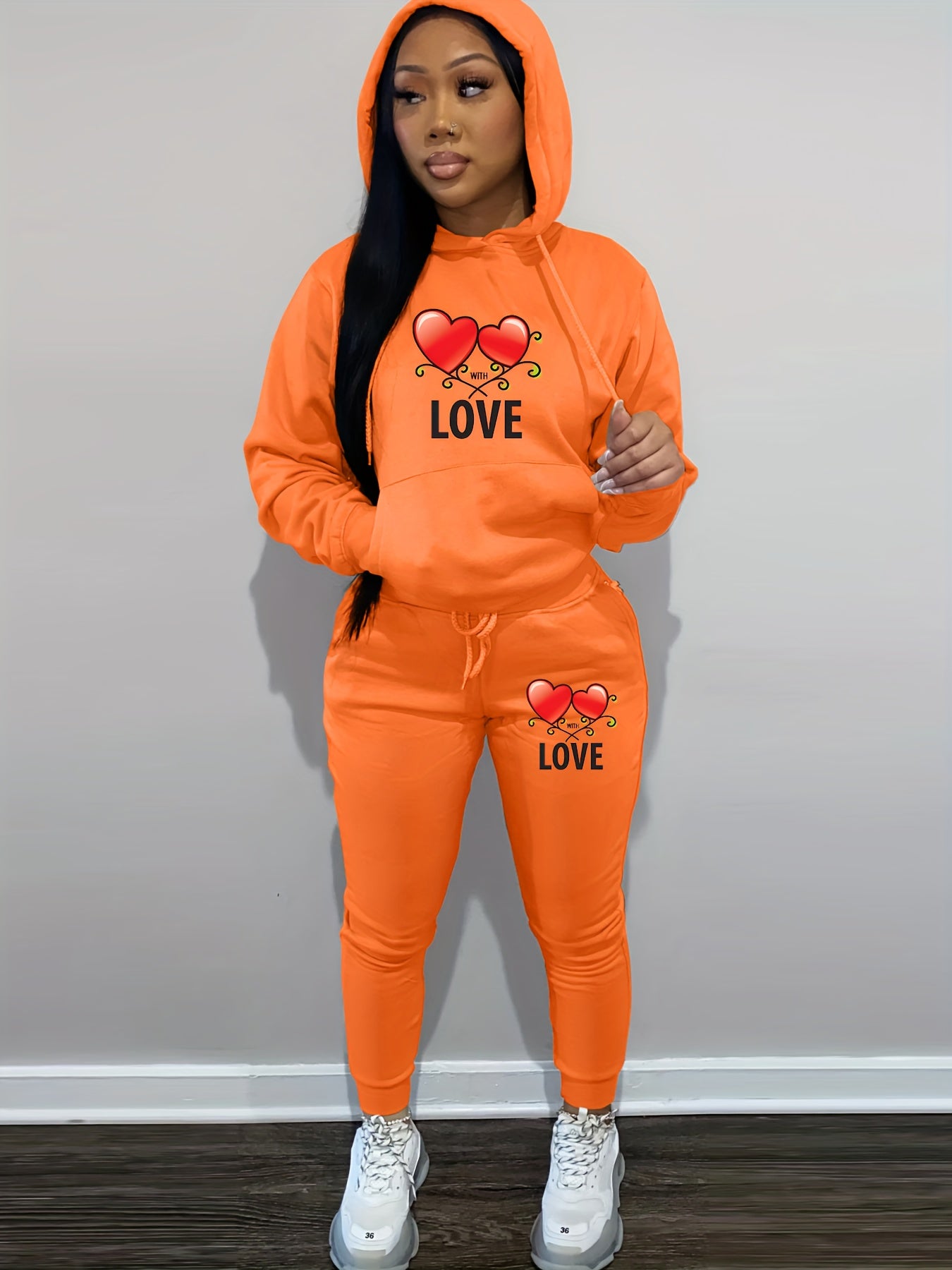 Women's Casual Pink Knit Two-Piece Set with Love Heart Print - Long Sleeve Hooded Top & Tie-Waist Pants, Polyester Blend, Perfect for Valentine's Day, Comfortable Clothing|Matching Set|Knit Polyester