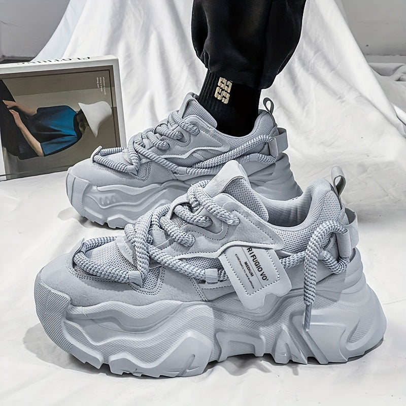Men's Breathable Mesh Chunky Sneakers - Light Gray, Casual & Sporty Running Shoes with Height Boost, Versatile for All Seasons, Lace-Up Closure, PVC Sole