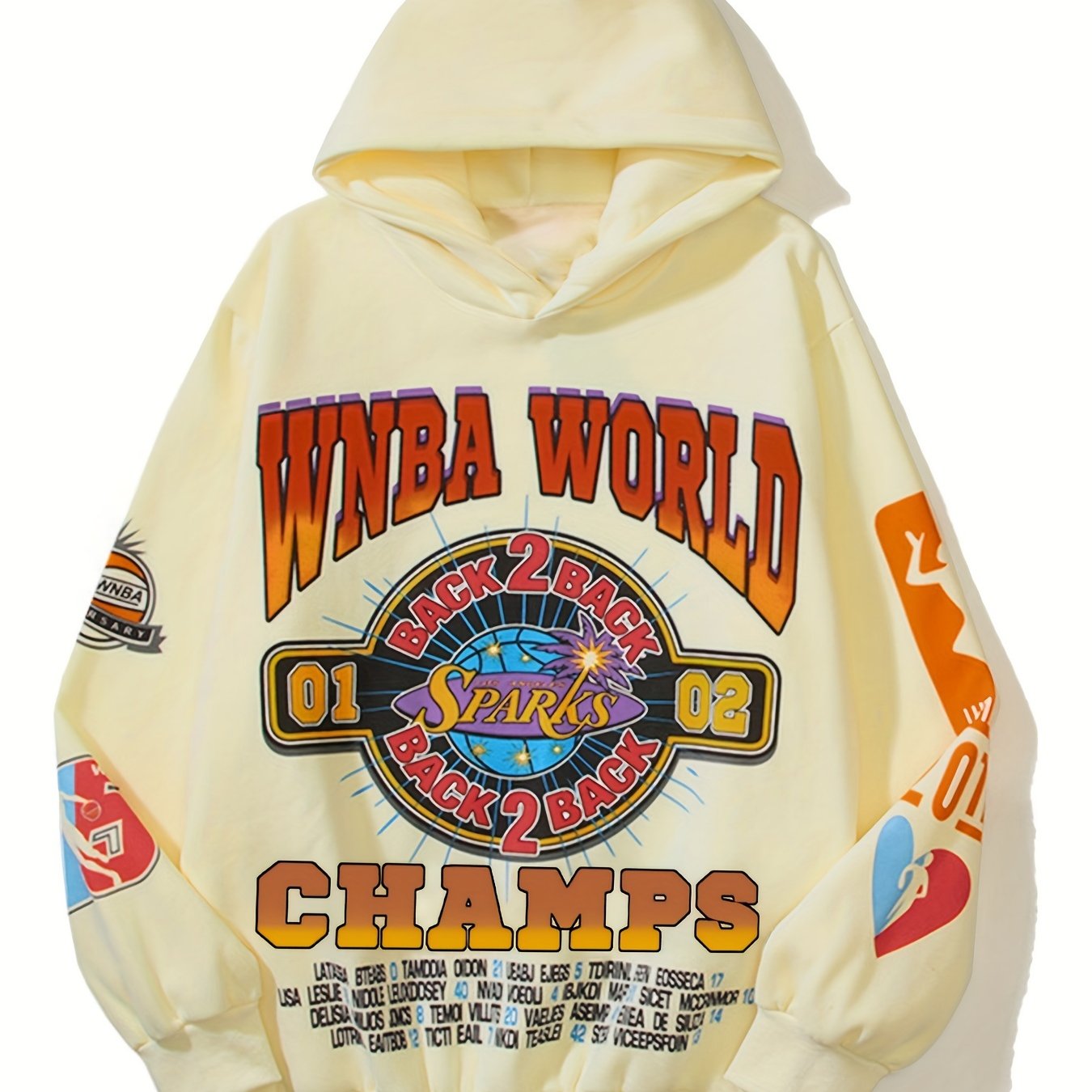 Women's Y2K-Inspired Hoodie in Cream with Vibrant NBA World Champs Graphic - Stretchy Polyester Blend, Machine Washable, Hooded, Non-Transparent, All-Season Wear