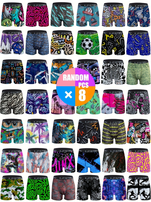 8 Packs Of Random Graffiti Printed Casual Sports Boxer Briefs, Breathable And Elastic, More Comfortable After Wearing!