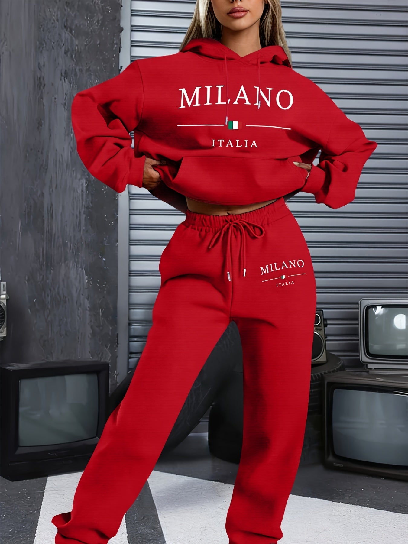 2024 Autumn And Winter Fashion Milan-Themed New Women'S Hooded Sweatshirt And Long Pants Set with a Hooded Long-Sleeve Casual Top.