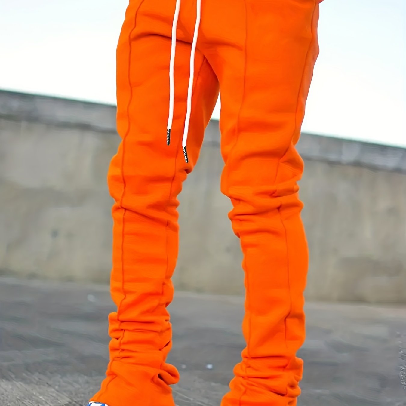 Ultra Long Regular Fit Men's Fashion Flared Pants with Polyester Knit Fabric, Drawstring, Pocket, Casual Solid Color, All-Season Adult