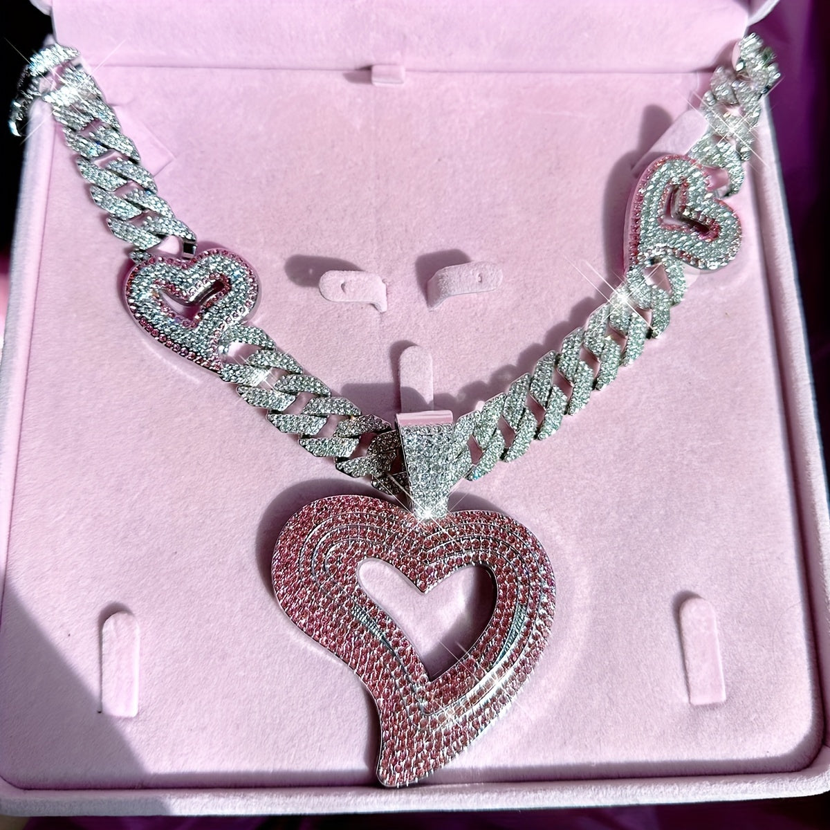 ICESOME Hip Hop Y2K Heart Pendant Necklace, Synthetic Rhinestone-Encrusted, Zinc Alloy Cuban Link Chain, Party & Music Festival Jewelry, Valentine's Day Gift for Men and Women