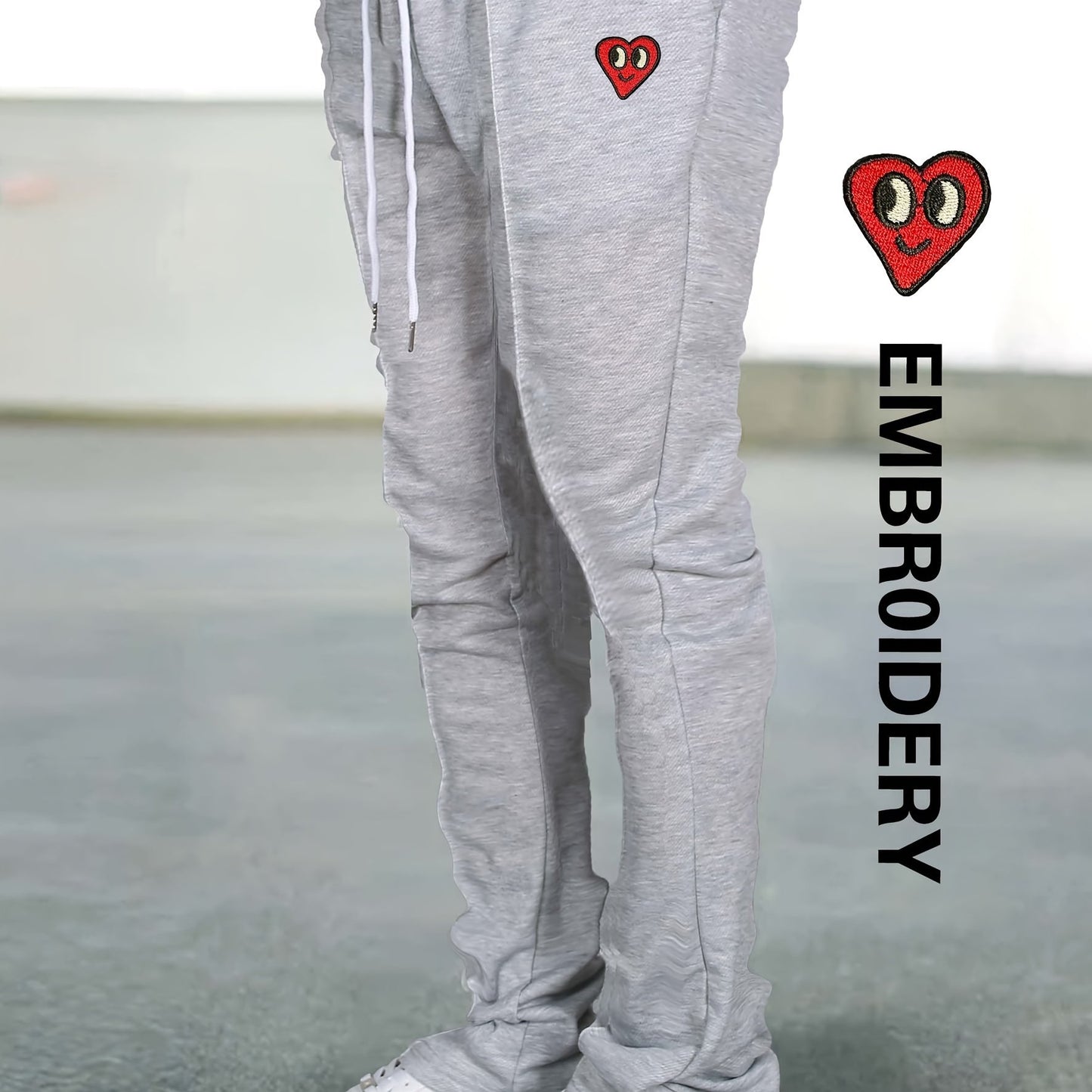 Men's Embroidered Heart Series Casual Flare Pants - Lightweight, Breathable Polyester, Drawstring Waist with Pockets, All-Season Wear, Style
