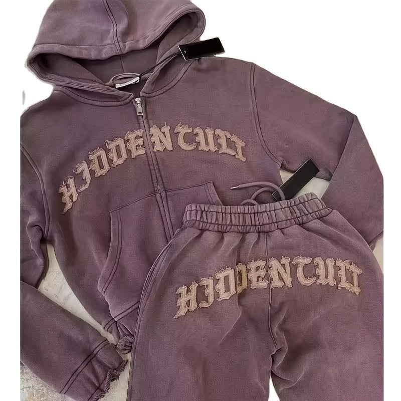 Comfortable Chic Women's Athletic Set - Adjustable Full-Zip Hoodie & Slim-Fit Pants with Letter Print Design