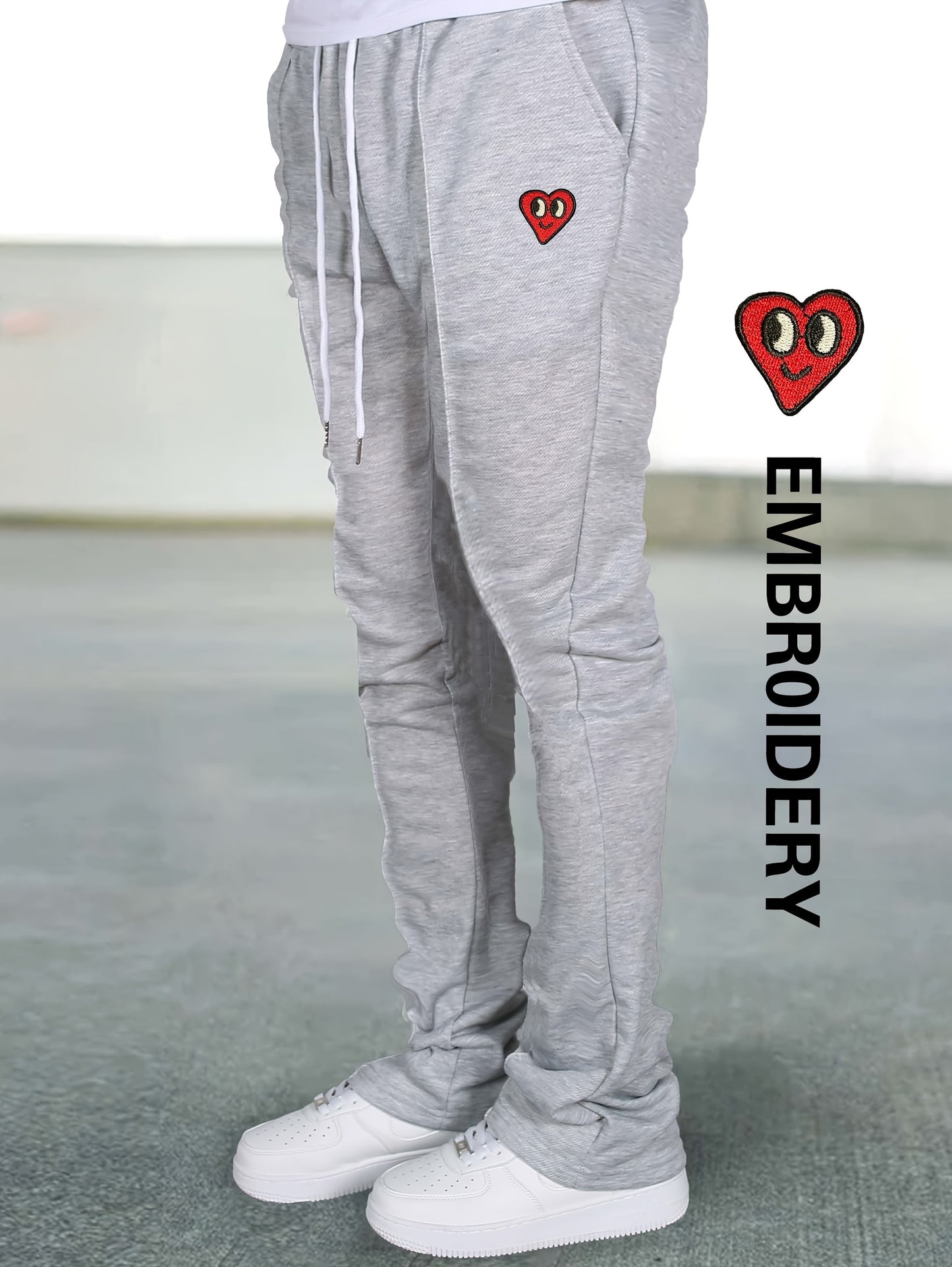 Men's Embroidered Heart Series Casual Flare Pants - Lightweight, Breathable Polyester, Drawstring Waist with Pockets, All-Season Wear, Style