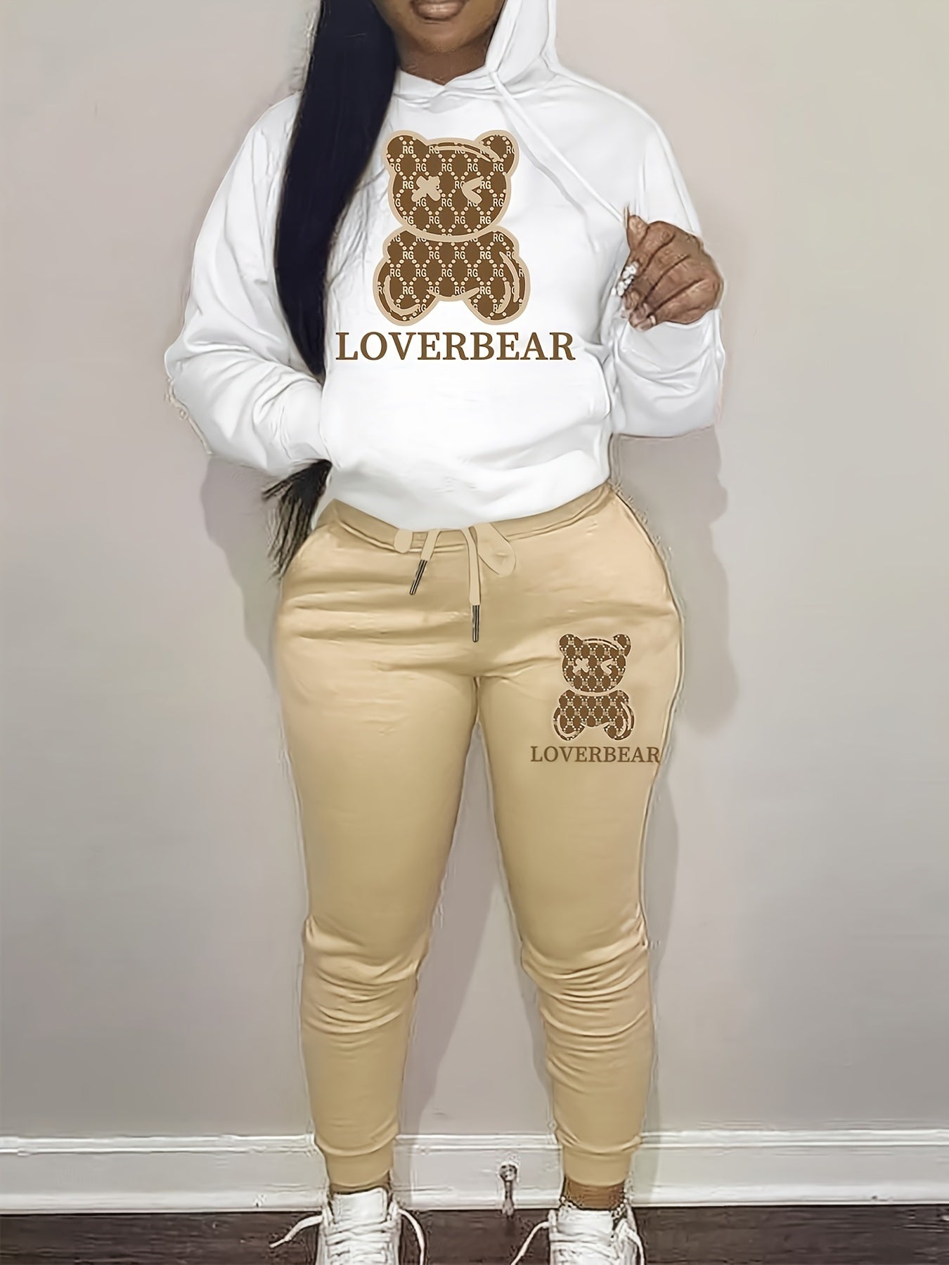 Bear Print Hoodie Two-piece Set, Casual Drop Shoulder Long Sleeve Kangaroo Pocket Drawstring Hoodies Sweatshirt & Drawstring Waist Slant Pockets Cuffed Pants Outfits, Women's Clothing