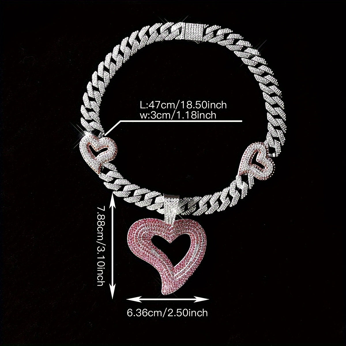 ICESOME Hip Hop Y2K Heart Pendant Necklace, Synthetic Rhinestone-Encrusted, Zinc Alloy Cuban Link Chain, Party & Music Festival Jewelry, Valentine's Day Gift for Men and Women