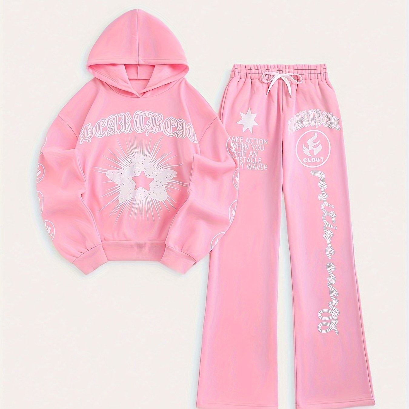 Women's Casual Letter Print Hoodie & Joggers Set - Stretchy Polyester Blend, Drawstring Waist, Machine Washable