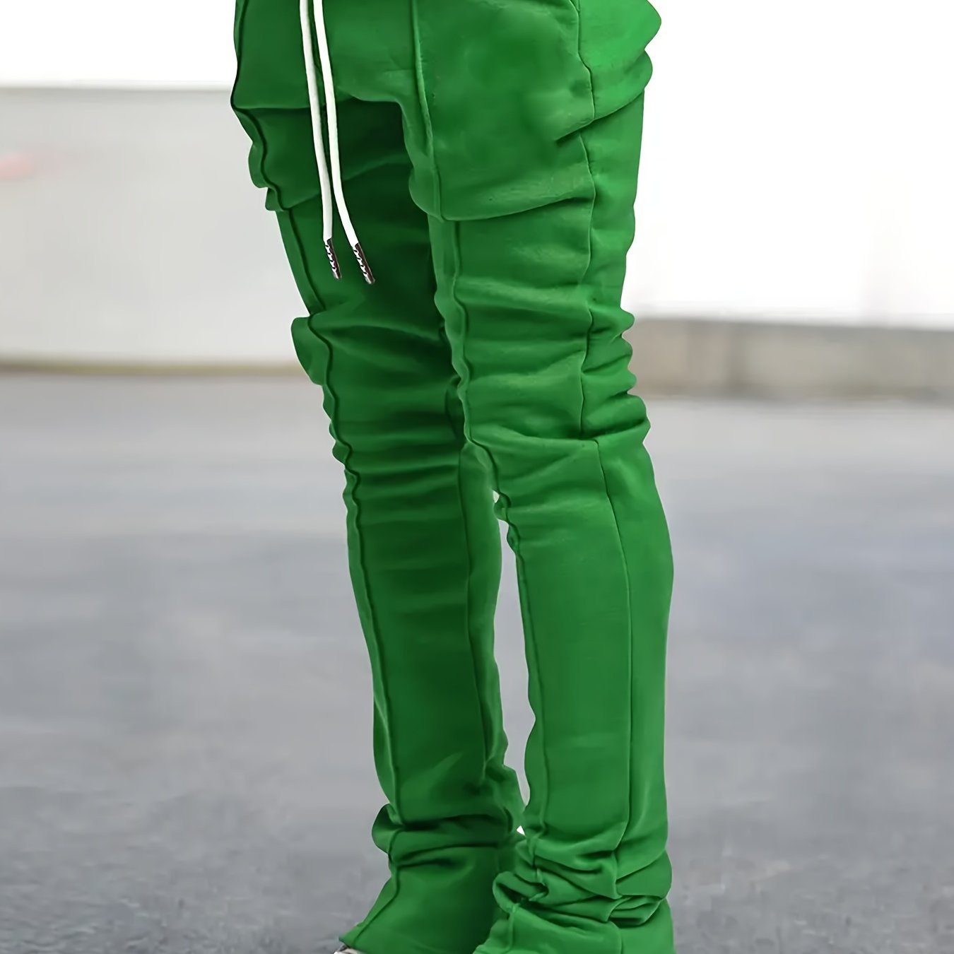 Ultra Long Regular Fit Men's Fashion Flared Pants with Polyester Knit Fabric, Drawstring, Pocket, Casual Solid Color, All-Season Adult