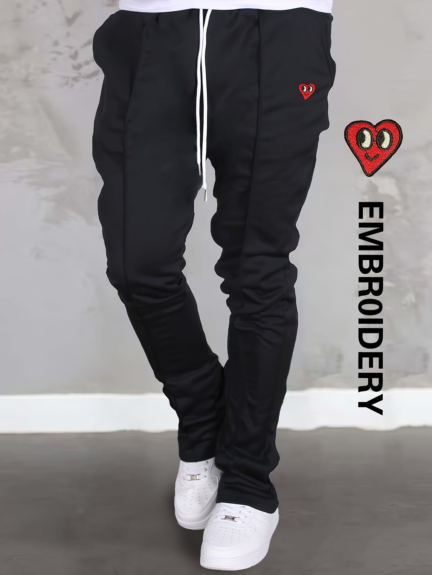 Men's Embroidered Heart Series Casual Flare Pants - Lightweight, Breathable Polyester, Drawstring Waist with Pockets, All-Season Wear, Style