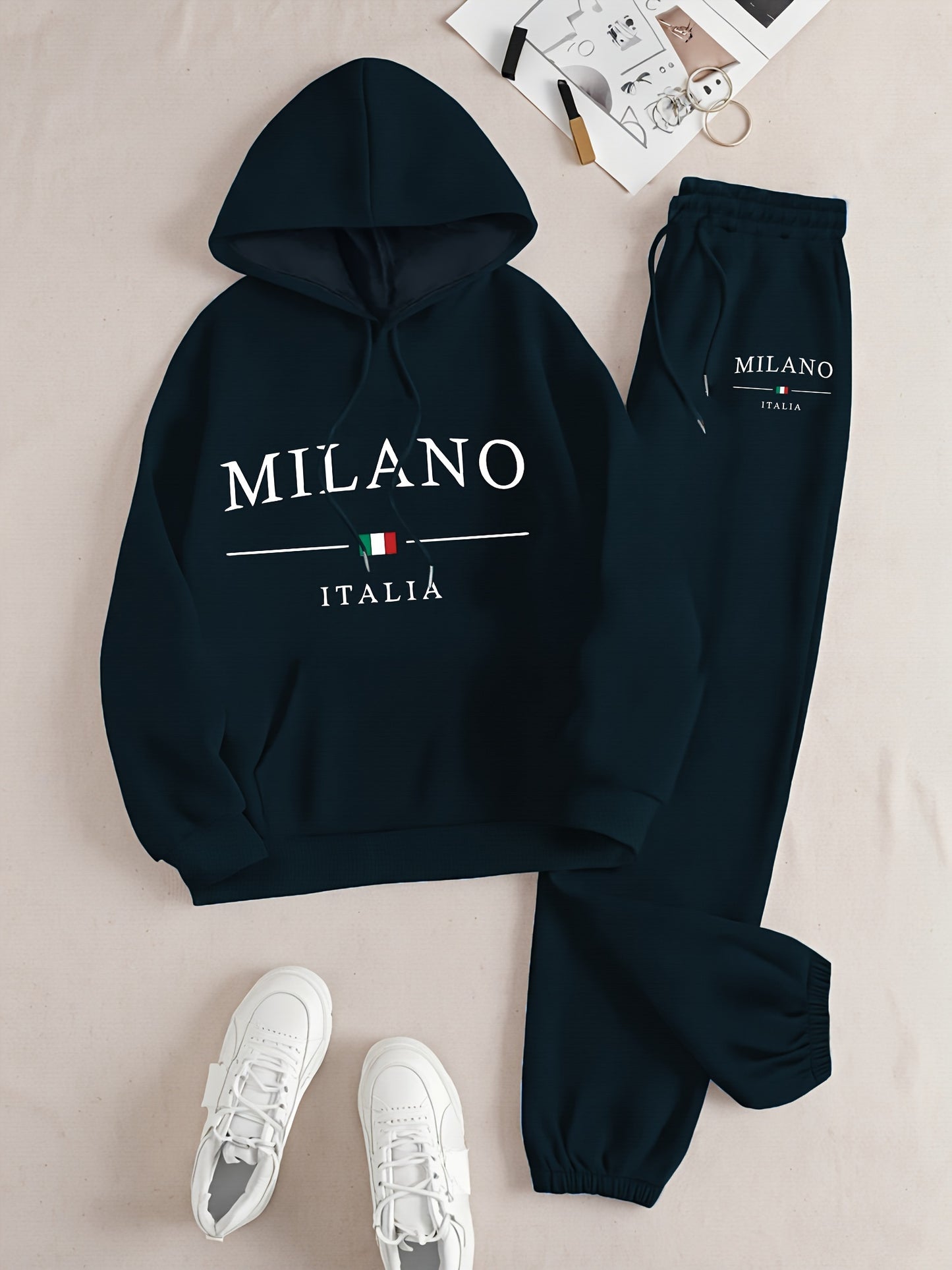 2024 Autumn And Winter Fashion Milan-Themed New Women'S Hooded Sweatshirt And Long Pants Set with a Hooded Long-Sleeve Casual Top.