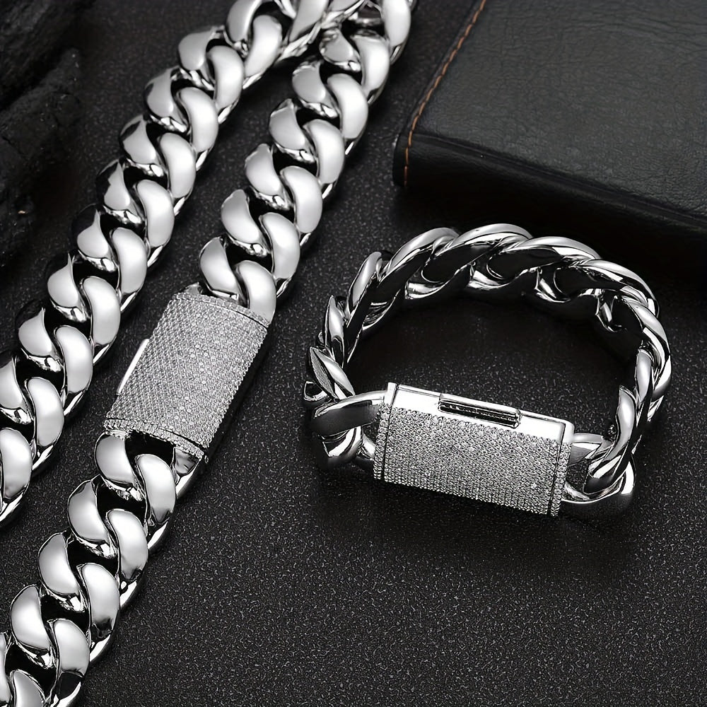 12mm Wide Men's Necklace and Bracelet Set - Zircon Inlays