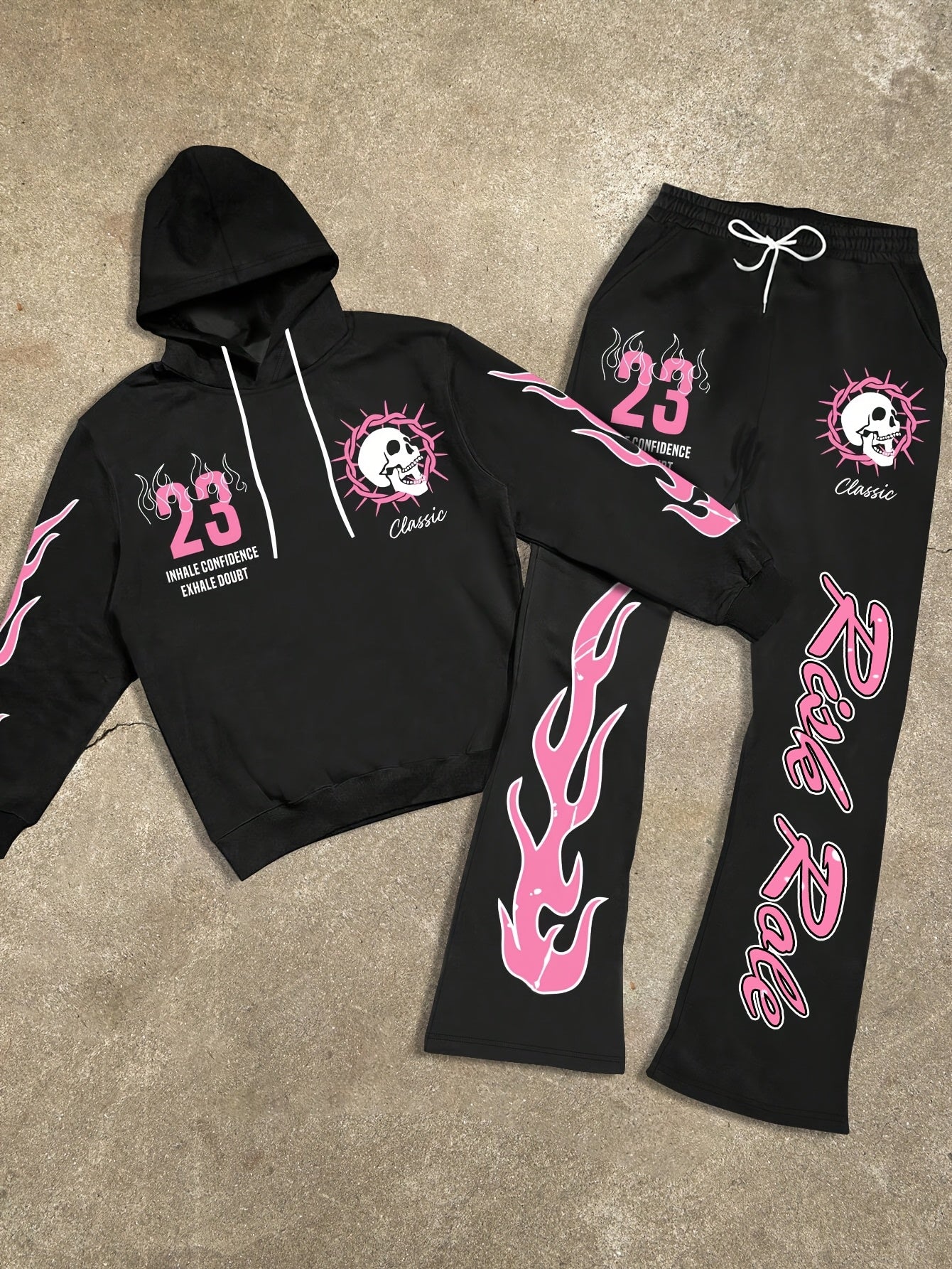 Men's Flame Graphic Hoodie & Sweatpants Set - "FIRE" 23 Print, Casual Streetwear, Polyester Blend, Machine Washable, 2pcs Tracksuit for Autumn/Winter, Essential Hoodie