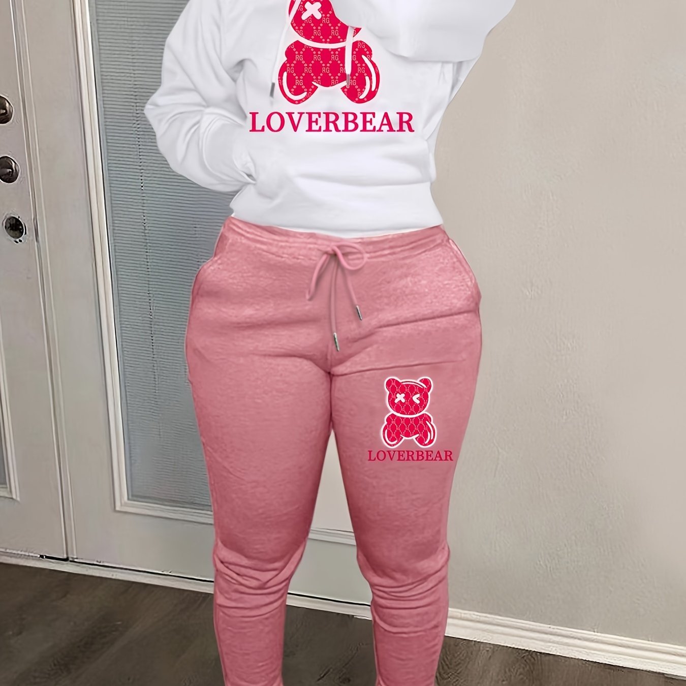 Bear Print Hoodie Two-piece Set, Casual Drop Shoulder Long Sleeve Kangaroo Pocket Drawstring Hoodies Sweatshirt & Drawstring Waist Slant Pockets Cuffed Pants Outfits, Women's Clothing