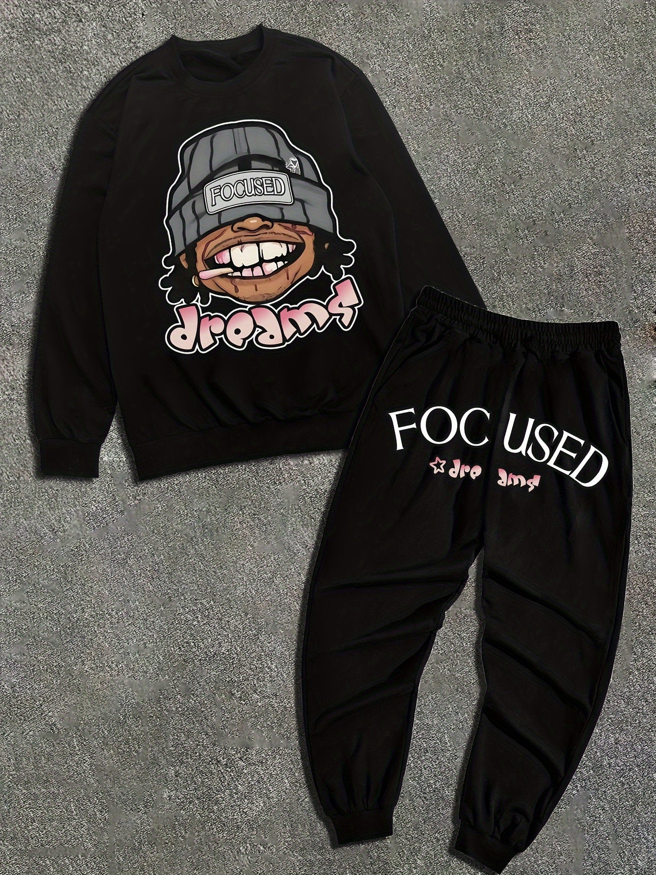 Men'S Casual Graffiti Print Sweatshirt and Pants Set, Crew Neck, Loose Fit, Knit Polyester 95%, 5% Elastane, Slight Stretch, Fall/Winter Lash Sets